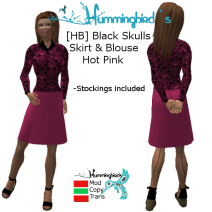 [HB] Black Skulls Skirt & Blouse Hot Pink copy